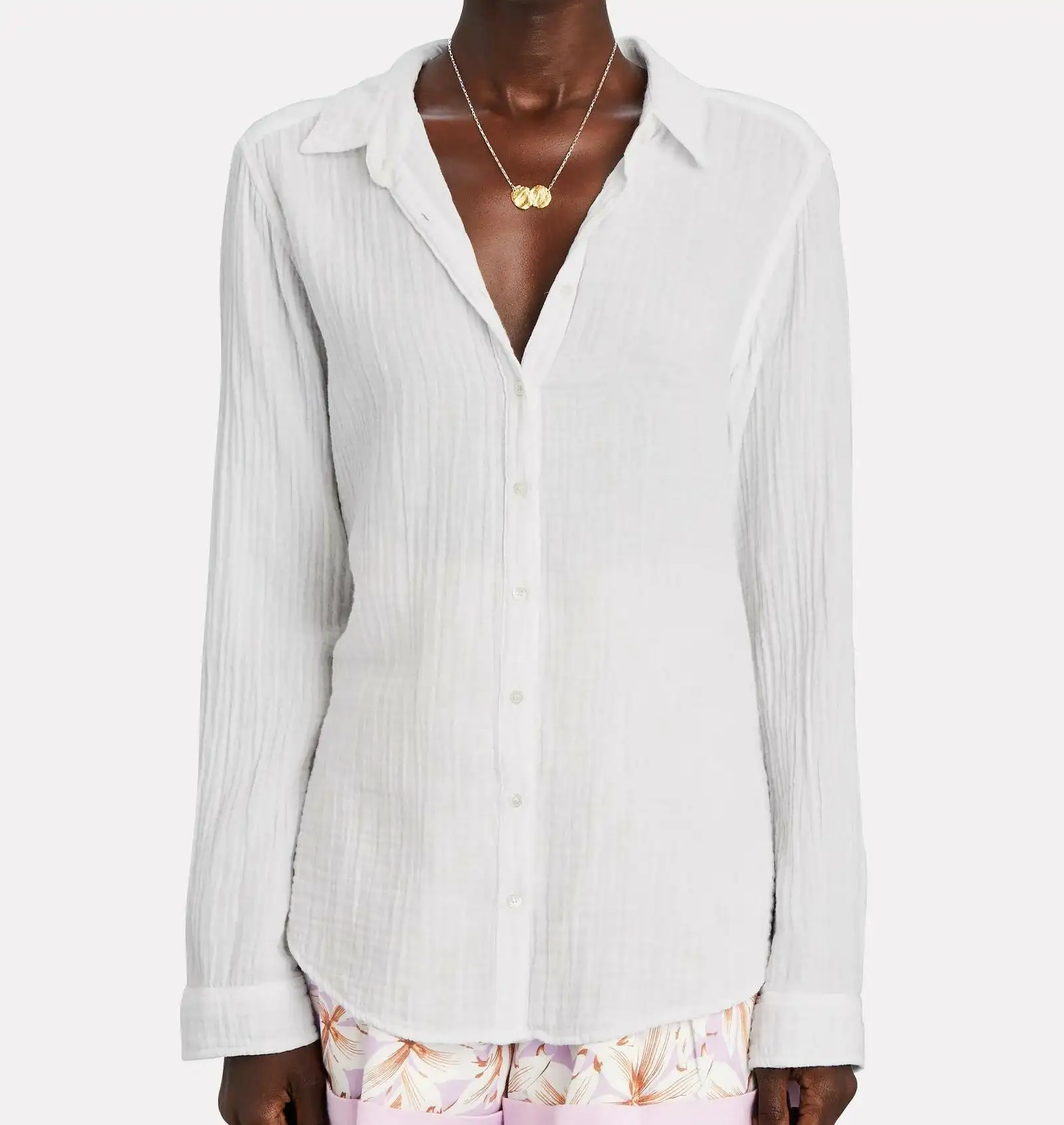 Damen Crinkle Baumwolle Gaze Button Down Shirt in Weiß
