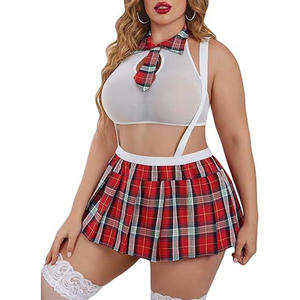 Ensemble de lingerie sexy en maille à manches courtes, taille plus, jupe à bretelles à carreaux d'écolière - Tenue de jeu de rôle pour femmes adultes, vente en gros - Product Image 5