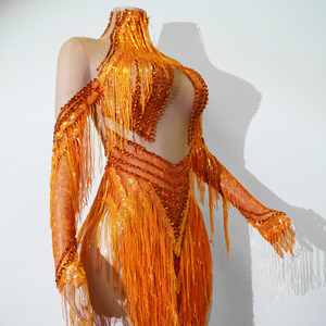 Body de Lujo Naranja con Flecos y Pedrería - Atuendo de Baile con Borlas Estilo Fuego para <span class=keywords><strong>Samba</strong></span>, Baile Latino, Festivales Rave y Diva del Carnaval - Product Image 4