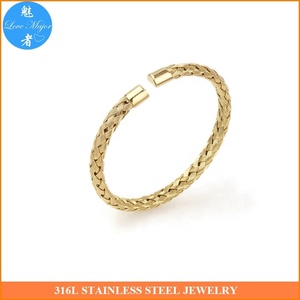 <span class=keywords><strong>Bracelet</strong></span> manchette en acier inoxydable tressé rond doré pour <span class=keywords><strong>homme</strong></span> et femme - Product Image 2