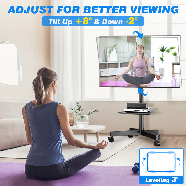 Mobile TV Floor Stand Cart with Shelf, Height Adjustable Rolling TV Mount for 23-60 Inch TVs, 88 Lbs Load Capacity