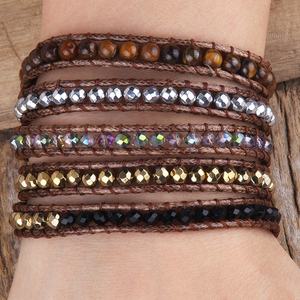 צמיד המטיט עור נשים עור המטיט בעבודת יד 5 גדילי אבן טבעית קריסטל זכוכית פנינה 5 צמידים לעטוף - Product Image 3