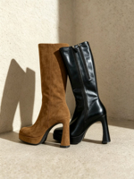 Bottes montantes à talon compensé et plateforme, bout pointu, fermeture éclair latérale, en velours kaki, résistantes à l'usure, pour femme, collection automne-hiver, OEM