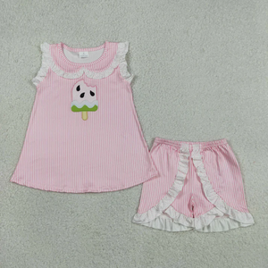 New Arrive Baby Girls Kids Embroidery Pattern Design Pink Stripes Ruffle Shorts Summer Set - Product Image 1