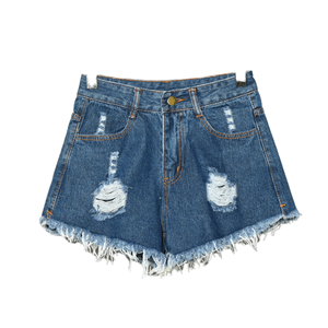 Shorts en jean patchwork respirants taille haute élégants pour femme – Coupe ample avec détails déchirés – Idéal pour l'été - Product Image 1