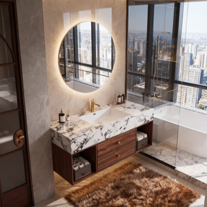 Mueble de Baño de Madera Contrachapada Sólida con Cajones y Estantes Abiertos, Encimera de Piedra, Gabinete de Almacenamiento con Lavabo - Product Image 1