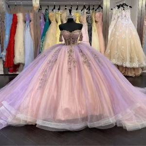 Off Shoulder Pink Ball Gown Tutu Dress Empire Waist 3D Patterns Organza Evening Dress For Women - Product Image 1