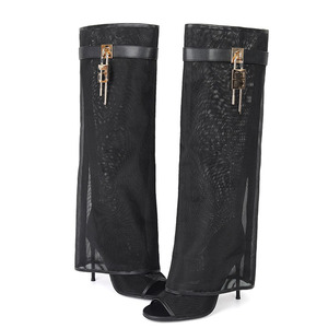 Fishnet Overlay Knee High <b>Boots</b> Women Mesh Pants High Heels Stiletto Metal Shark Lock Summer Shoes Peep Toe Sandals - Product Image 3