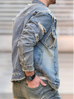 Veste en jean déchirée et vieillie pour homme HME, coupe slim, style streetwear décontracté, style vintage trucker, importée