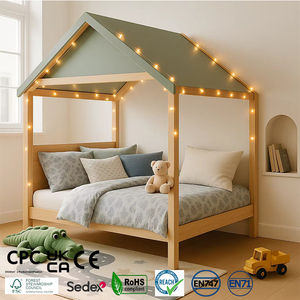 Letto Moderno per Bambini a Forma di Casa in Legno di Pino Massiccio con Tetto, Colore Naturale, Materiale Ecologico per Camera da Letto - Product Image 1