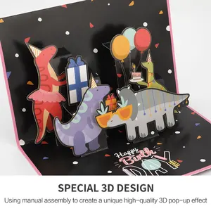 Wholesale Custom Printing Funny Dinosaur Kids Happy Birthday 3D Pop Up Greeting Cards With Envelopes OEM Manufacturing