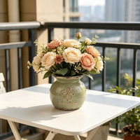 Vas Keramik Hijau Sage Mulut Lebar, Pot Bunga Lukis Tangan Bergaya Rustic Farmhouse untuk Dekorasi Ruang Tamu