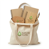 Ensemble cadeau promotionnel écologique personnalisé, carnet en bambou, stylo, sous-verre en liège, sac fourre-tout en toile pour événement d'entreprise