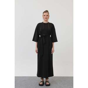 Robe de soirée basique pour femme, coupe trapèze, avec ceinture, col rond, taille naturelle, confortable, couleur vison - Product Image 3