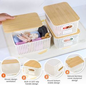 Plastic Storage Baskets With Bamboo <b>Lid</b> Stackable Storage <b>Bins</b>: Storage Baskets for Organizing - Product Image 5
