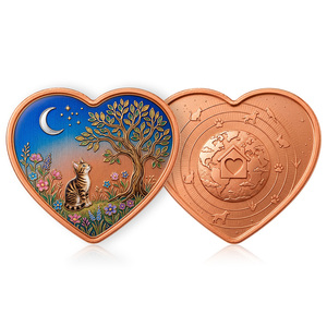 Pièce de monnaie souvenir en cuivre pur .999 de 1 once en forme de cœur, motif chat 3D en relief, colorée par UV - Product Image 4