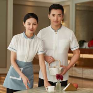 Haute qualité col rond restauration rapide Restaurant serveur uniformes Logo personnalisé boîte de nuit serveur et <span class=keywords><strong>serveuse</strong></span> <span class=keywords><strong>tenue</strong></span> - Product Image 1