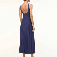 Fabricant de tricots sur mesure : Robe longue plissée en maille, anti-plis, décontractée, bleu marine, sans manches, coupe ajustée, col carré, pour toutes les saisons