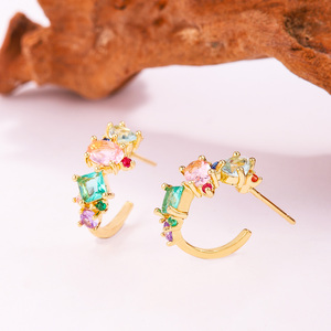 Pendientes de Clip chapados en oro Pendientes de tuerca de circonita cúbica de colores Pendientes de Gemme bohemios de oro de 14K Regalos de San Valentín - Product Image 3
