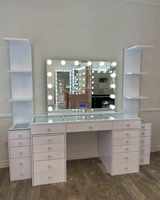 Table de toilette et de maquillage moderne en bois rose avec fonction anti-basculement et miroir pour salle de bain et maisons familiales