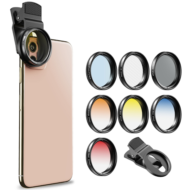Universal Clip 37mm Gradient DSRL Camera Filter Lens Gradual Red Yellow Color CPL Star 7 in 1 Filter Kit for All Smartphones