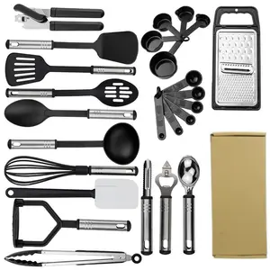 Accessori da cucina più venduti Set di utensili da cucina in Nylon resistente al calore antiaderente Set di utensili da cucina con manico in acciaio inossidabile da 25 pezzi