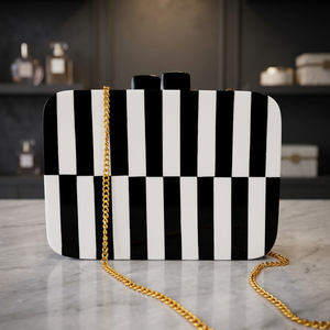 Black <b>White</b> Striped <b>Clutch</b> <b>Bag</b> with Gold Chain Strap Luxury Resin Handbag Handmade Evening Purse Unique Style Latest Design - Product Image 1