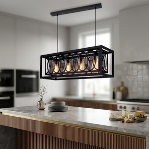 Lámpara Colgante Rectangular de 4 Luces con Círculos Entrelazados, Lámpara Colgante de Metal Negro y Vidrio - Product Image 3