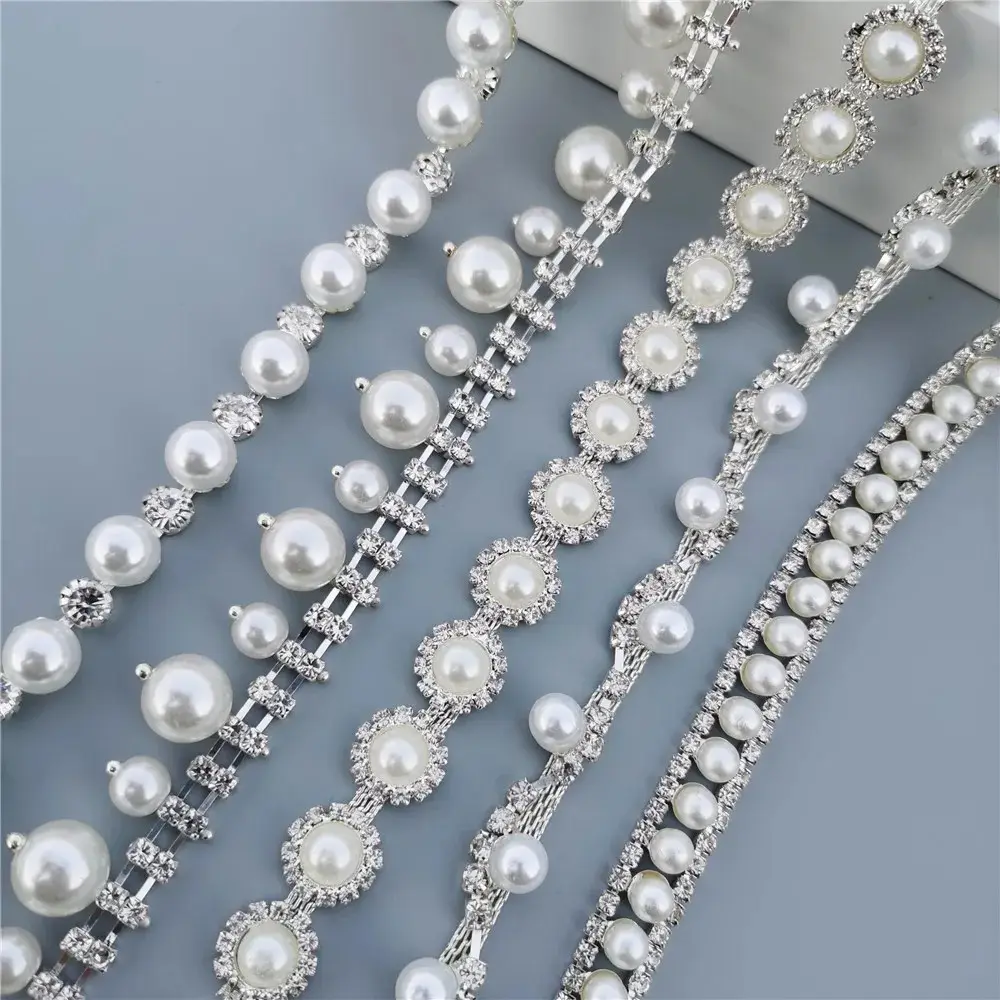 Honor of crystal Crystal Pearl Beads Metal Flat Back Transparent Fringe Rhinestones Chain Trim
