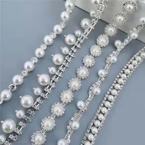 Kristal kristal inci boncuk onur Metal düz geri şeffaf saçak Rhinestones zincir Trim