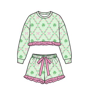 Preorder Kids Girls St. Patrick's Day Print Long Sleeve Top Ruffle Shorts 2Pcs Set Boutique Casual Outfits for Spring - Product Image 4