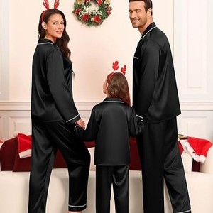 Conjuntos de Pijamas de Seda Satinada em Cores Sólidas Personalizados para Família, Manga Longa, Cintura Elástica, Roupas de Noite para Adultos e Crianças - Product Image 2