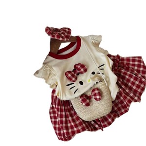 Cute Cartoon Kitty Cat Outfit For Girls Summer Style Cotton Top Plaid Skirt Set - Product Image 4