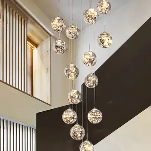 Nordic Modern Crystal Ball Spiral Shape Chandeliers Globe Glass Long Hanging Pendant Lights for Stairs Dining Room Living Room