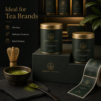 Étiquettes personnalisées pour boîtes de thé matcha, papier texturé gaufré à l'or, autocollants en rouleau imperméables pour emballage alimentaire, étiquettes de logo