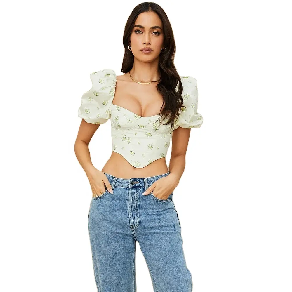 Hot Sale Cute Crop Top Floral Casual Sexy Autumn Women Short sleeve Corset Tops