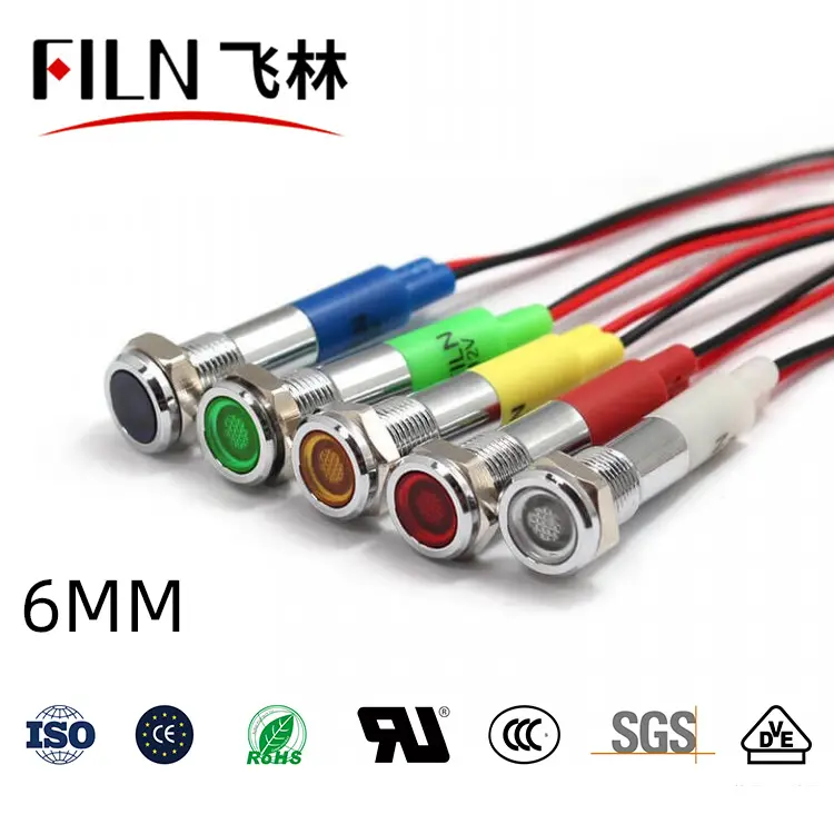 FILN 6mm Flat Head IP67 Mini LED Indicator Light wire leading metal pilot light screw pins 6v 12v customized PVC AWG PTFE