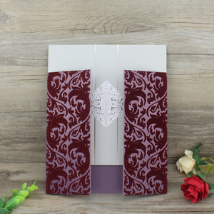Thiệp Mời Đám Cưới Gấp Ba Màu Nhung Đỏ Tía Bán Sỉ Và Thiệp Mời Sinh Nhật Họa Tiết Da Lộn Tùy Chỉnh - Product Image 3