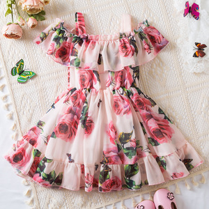 Gaun terusan bahu anak perempuan, gaun Suspender putri motif bunga leher O untuk anak perempuan - Product Image 1