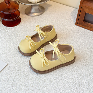 Chaussures Mary Jane en cuir pour filles, tendance 2025, avec nœud, nouvelle collection printemps/automne, pour fête de princesse, couleur unie jaune/creme, aspect artificiel - Product Image 2