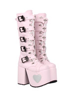 Bottines à plateforme rose pour femmes, hauteur genou, boucle crâne, décoration cœur, talon épais, chaussures gothiques punk