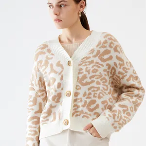 Ladies Autumn Knitted Leopard Print Sweater Women Large Outwear Coats Oversize Sweater Casual Cardigan