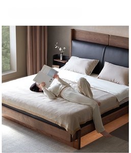 Cama Doble Tapizada con Suspensión, <span class=keywords><strong>de</strong></span> Madera Sólida <span class=keywords><strong>de</strong></span> Nogal Negro Norteamericano, Estilo Italiano Minimalista, con Cuero Genuino, para Recámara Principal Moderna - Product Image 3