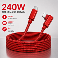 Câble USB 2.0 de 3 m de long, 240 W, transfert de données de haute qualité, USB C vers USB C, câble de charge rapide 240 W, nylon tressé, rouge, OEM ODM