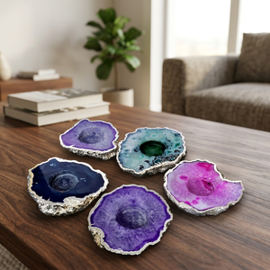 Porte-bougie artisanal en agate verte polie avec bordure argentée, forme irrégulière, décoration d'intérieur - Product Image 4