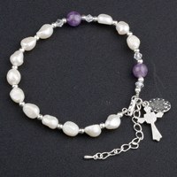 Bracelet chapelet religieux en perles d'eau douce 8x10mm, améthyste 8mm, cristal 4mm, argent 3mm, avec breloque croix et médaille miraculeuse