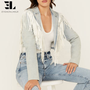 Джинсовая куртка-бомбер LARSUR на заказ с замшевыми бахромами и эффектом потертости, укороченная, для мотогонок, женская - Product Image 4