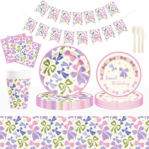 DAMAI Sweet Birthday Party Tableware Supplies Bowknot <b>Disposable</b> Paper Plate Napkins Cup Cake Toppers <b>Tablecloth</b> Banner - Product Image 2