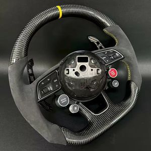 Volant de course en cuir suédé de sport compatible avec <span class=keywords><strong>Audi</strong></span> B9 A4 RS3 A3 A6 A5 A7 <span class=keywords><strong>R8</strong></span> TT Q5 A7 RS6 fibre de carbone point blanc - Product Image 3