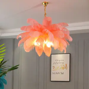 Lámpara colgante de cobre oderno para sala de estar, iluminación de araña de pluma de avestruz para dormitorio